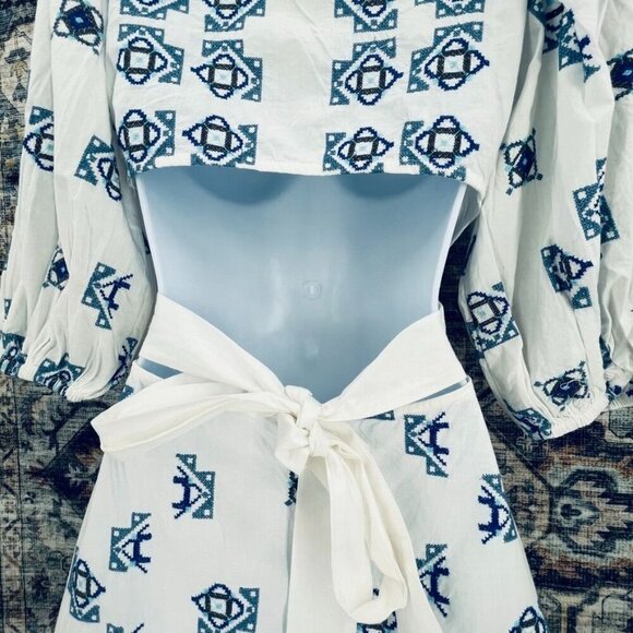 River Island Embroidered Mini Shirt Dress Size 8 Open Back Collard Button Up - Picture 7 of 16